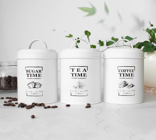 3 Vorratsdosen aus Metall Kaffeedose Zuckerdose Teedose Vorratsgefäß Vorratsbehälter Weiß