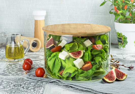 Bol en verre avec couvercle en bois, bol à salade, bol de 20 cm, pot en verre