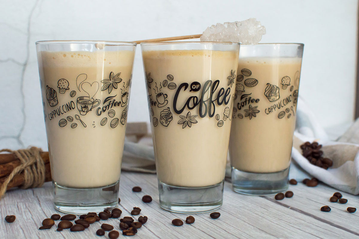 6 Latte Macchiato Gläser 310ml Kaffeegläser Teeggläser Teegläser mit schwarzem Kaffee-Aufdruck