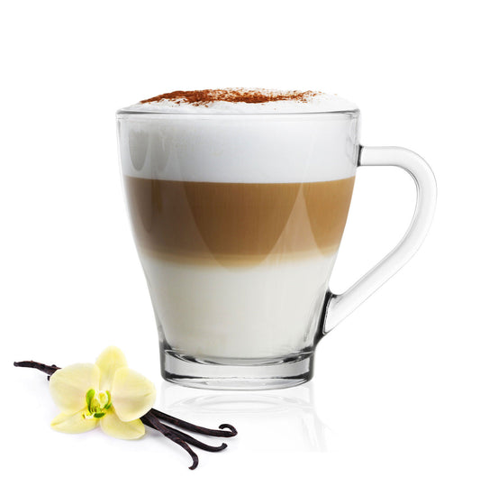 6 Cappuccino-Gläser 250ml mit Henkel und 6 Edelstahl-Löffeln, Kaffee-/ Teegläser