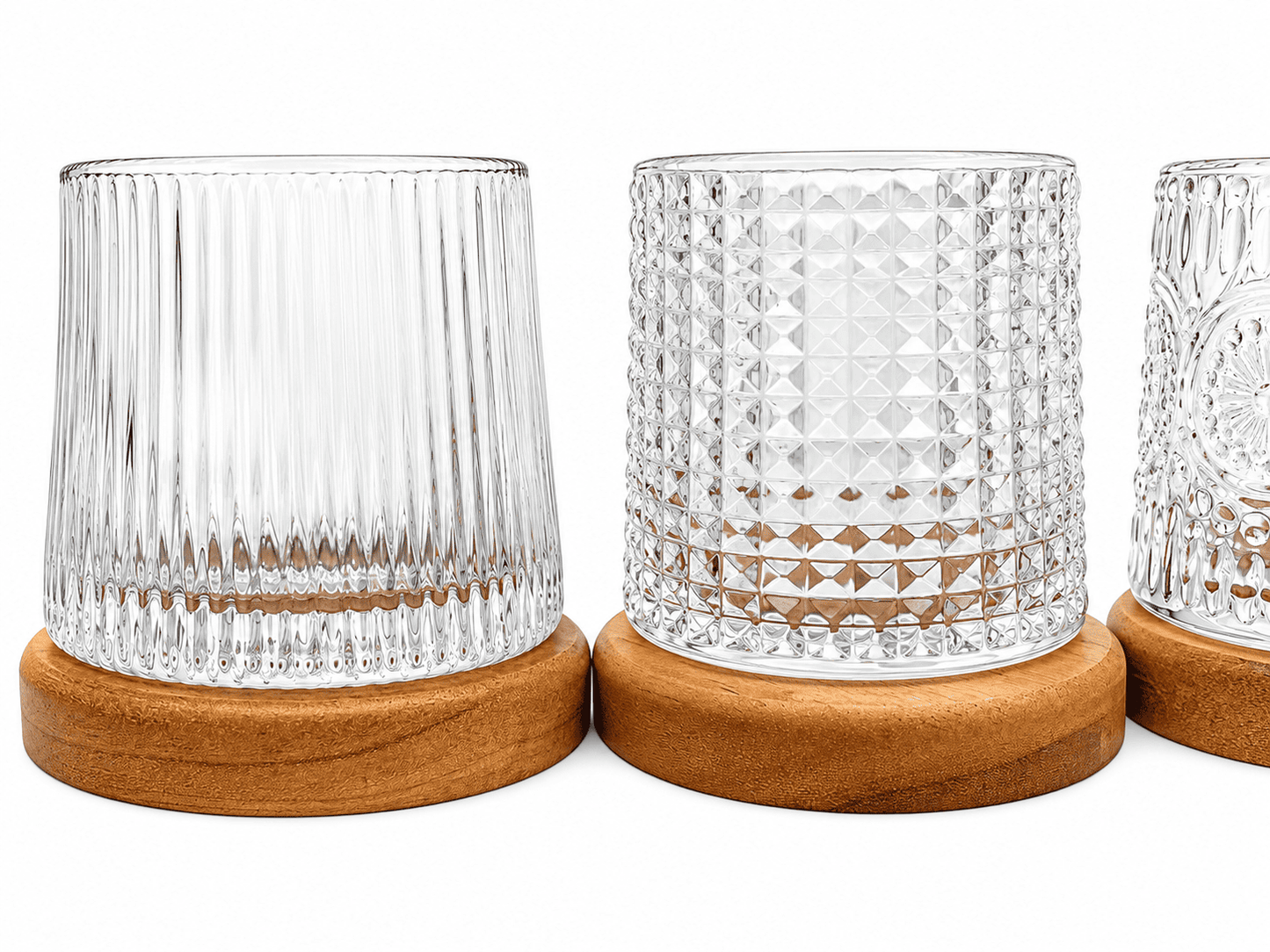 4er Set Whiskygläser 170ml Holzuntersetzer Tumbler Drehend 4 Muster