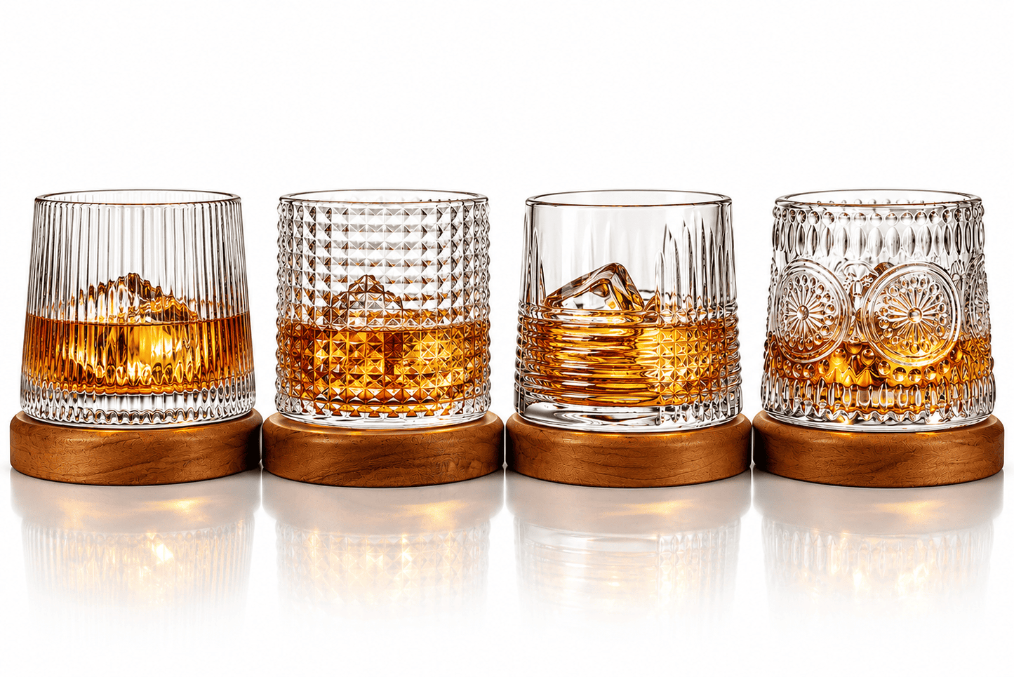 4er Set Whiskygläser 170ml Holzuntersetzer Tumbler Drehend 4 Muster