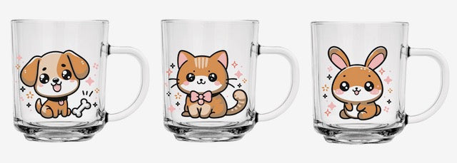 6er Set Trinkgläser mit Tiermotiv – Hund, Katze, Kaninchen – 230ml Gläser mit Henkel – Buntes Pressglas – Spülmaschinengeeignet – Kindergläser für Kinder & Erwachsene