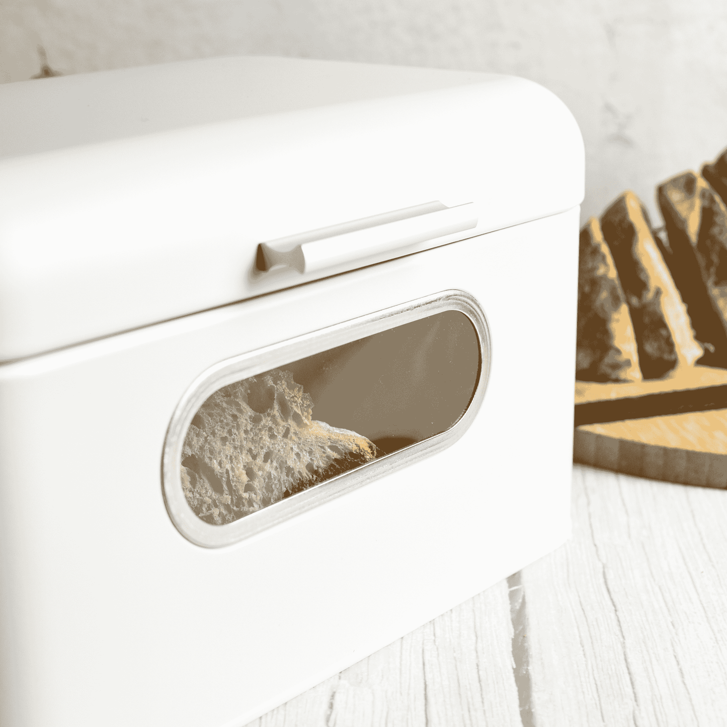 Brotkasten aus Metall mit Sichtfenster Brotkorb Aufbewahrung für Brot und Brötchen weiß mit Klappdeckel und Lüftung