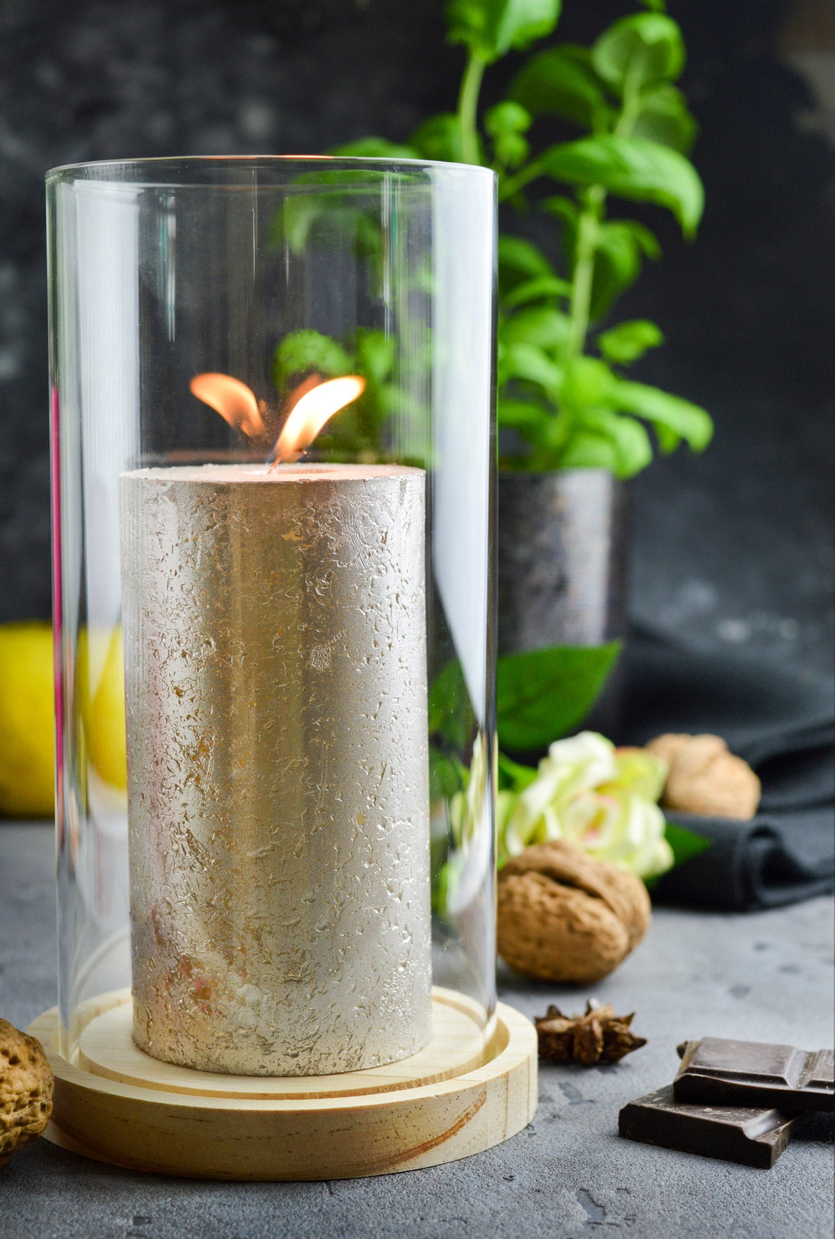 Lanterne cylindrique en verre avec plaque en bois, bougeoir, décoration de table, lanterne