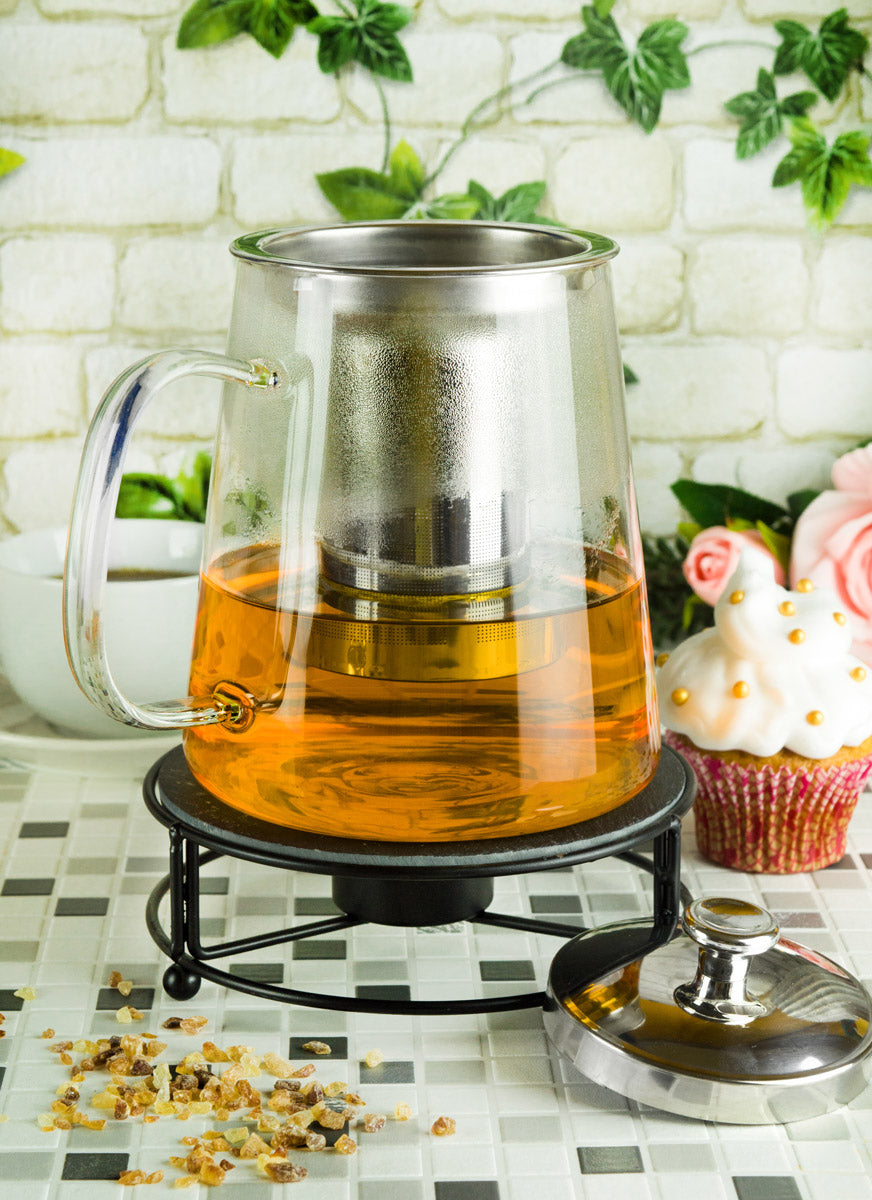 Teekanne 1,2L mit Edelstahl Sieb und Stövchen Teebereiter Glaskanne Teeset Kanne