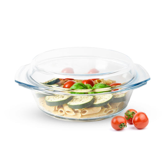 Runde Auflaufform Glas 2,8L mit Deckel Borosilikat Ofenform Glasbräter Backform