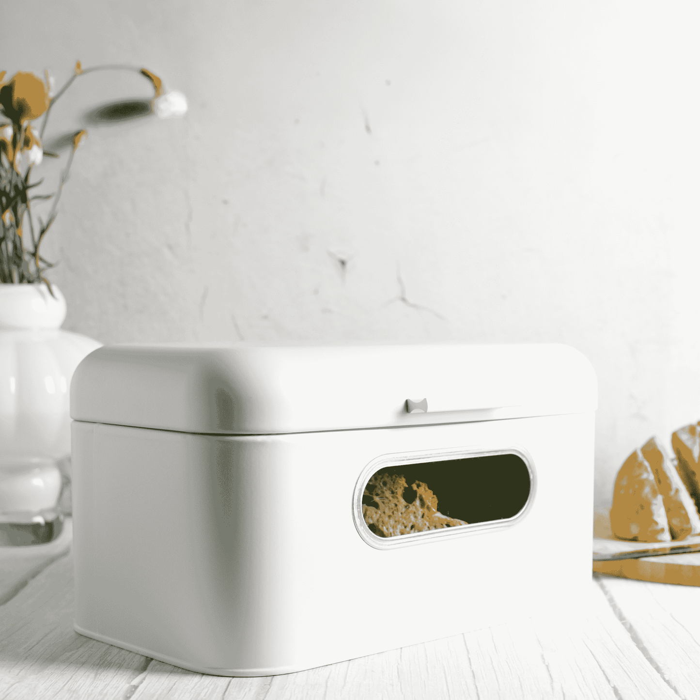 Brotkasten aus Metall mit Sichtfenster Brotkorb Aufbewahrung für Brot und Brötchen weiß mit Klappdeckel und Lüftung