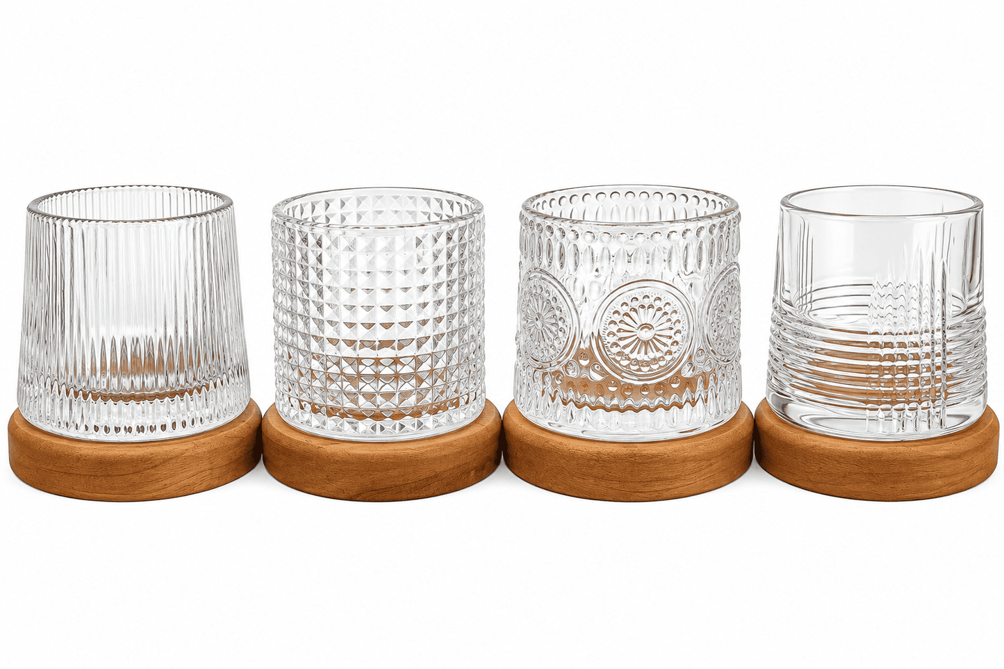 4er Set Whiskygläser 170ml Holzuntersetzer Tumbler Drehend 4 Muster