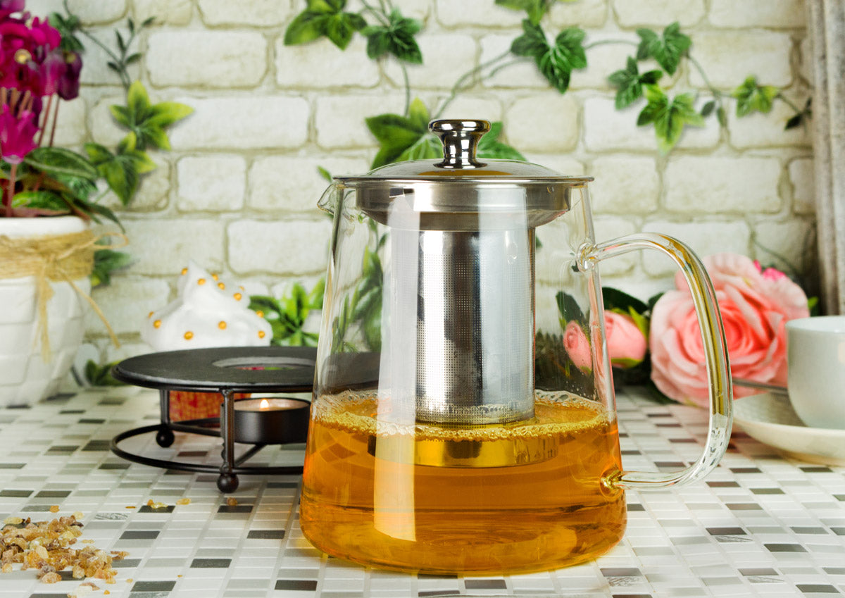 Théière 1,2 l avec passoire en acier inoxydable et chauffe-théière, théière en verre, service à thé