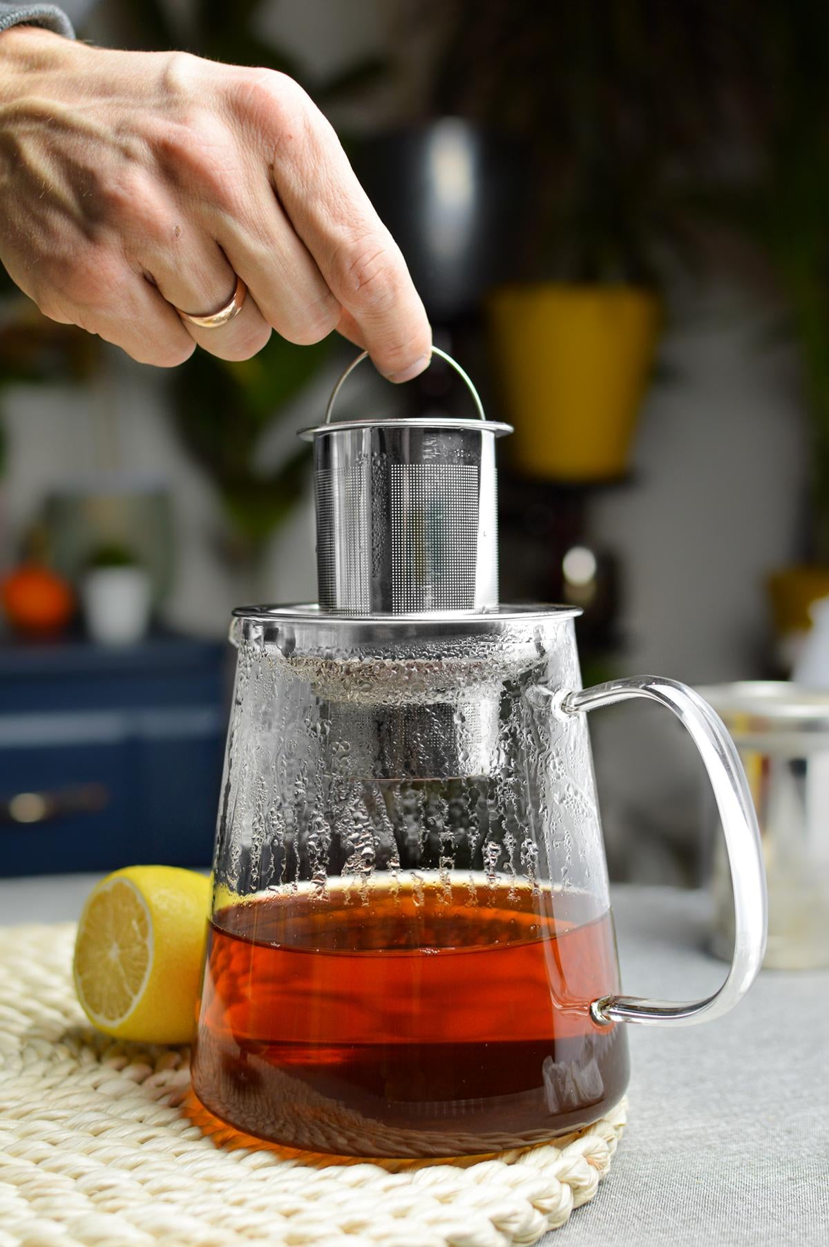 Teekanne 1,2L mit Edelstahl Sieb und Stövchen Teebereiter Glaskanne Te