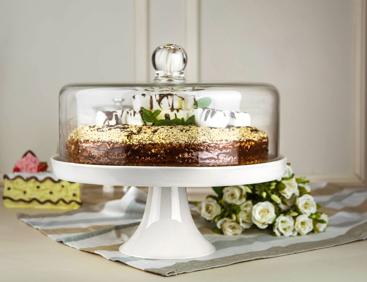 Glasglocke Kuchenglocke Käseglocke Fuß aus Porzellan Tortenplatte Kuchenplatte