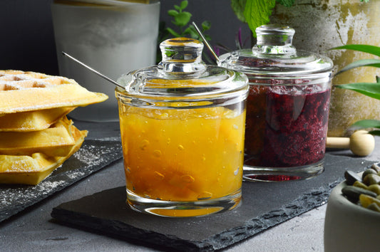Jam jars on a slate plate, parmesan jars, spice jars set, honey jar