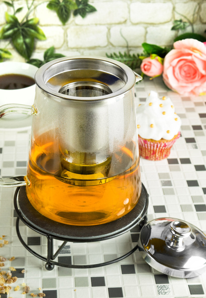 Teekanne 1,2L mit Edelstahl Sieb und Stövchen Teebereiter Glaskanne Teeset Kanne