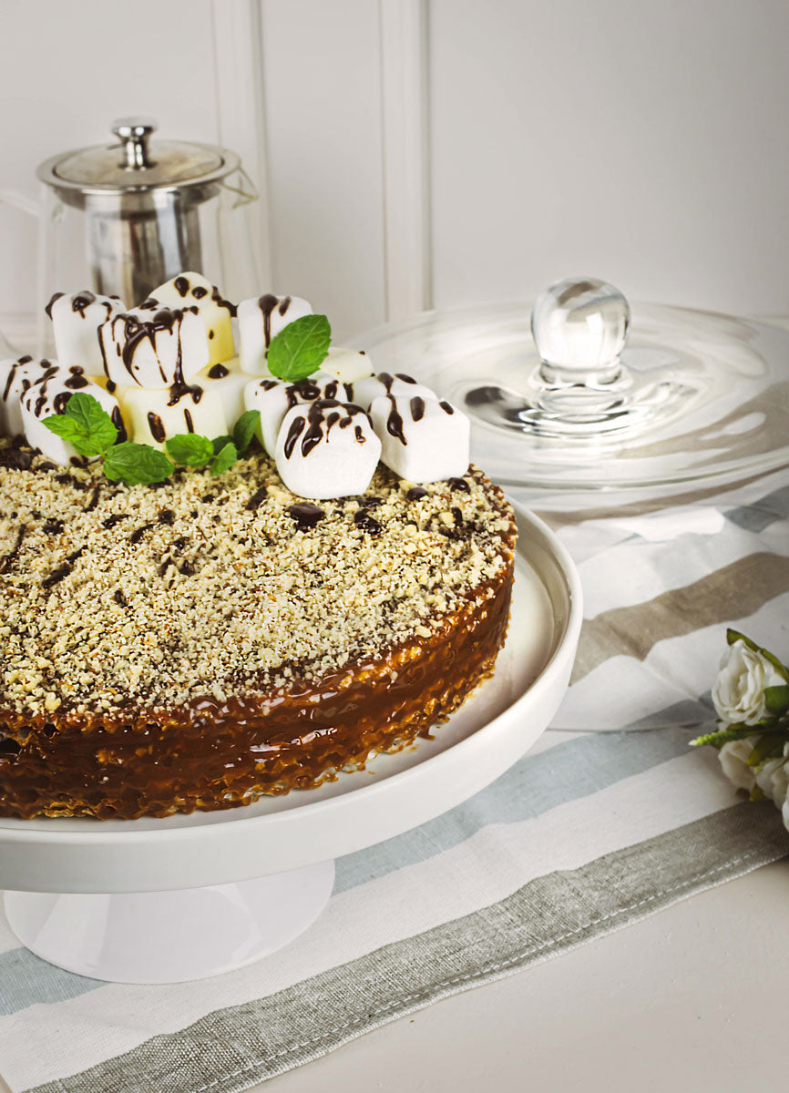 Glasglocke Kuchenglocke Käseglocke Fuß aus Porzellan Tortenplatte Kuchenplatte