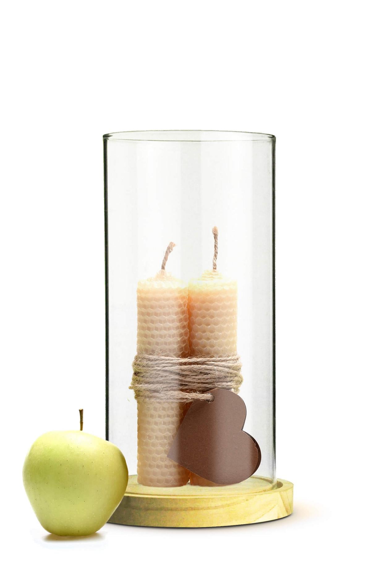 Lanterne cylindrique en verre avec plaque en bois, bougeoir, décoration de table, lanterne