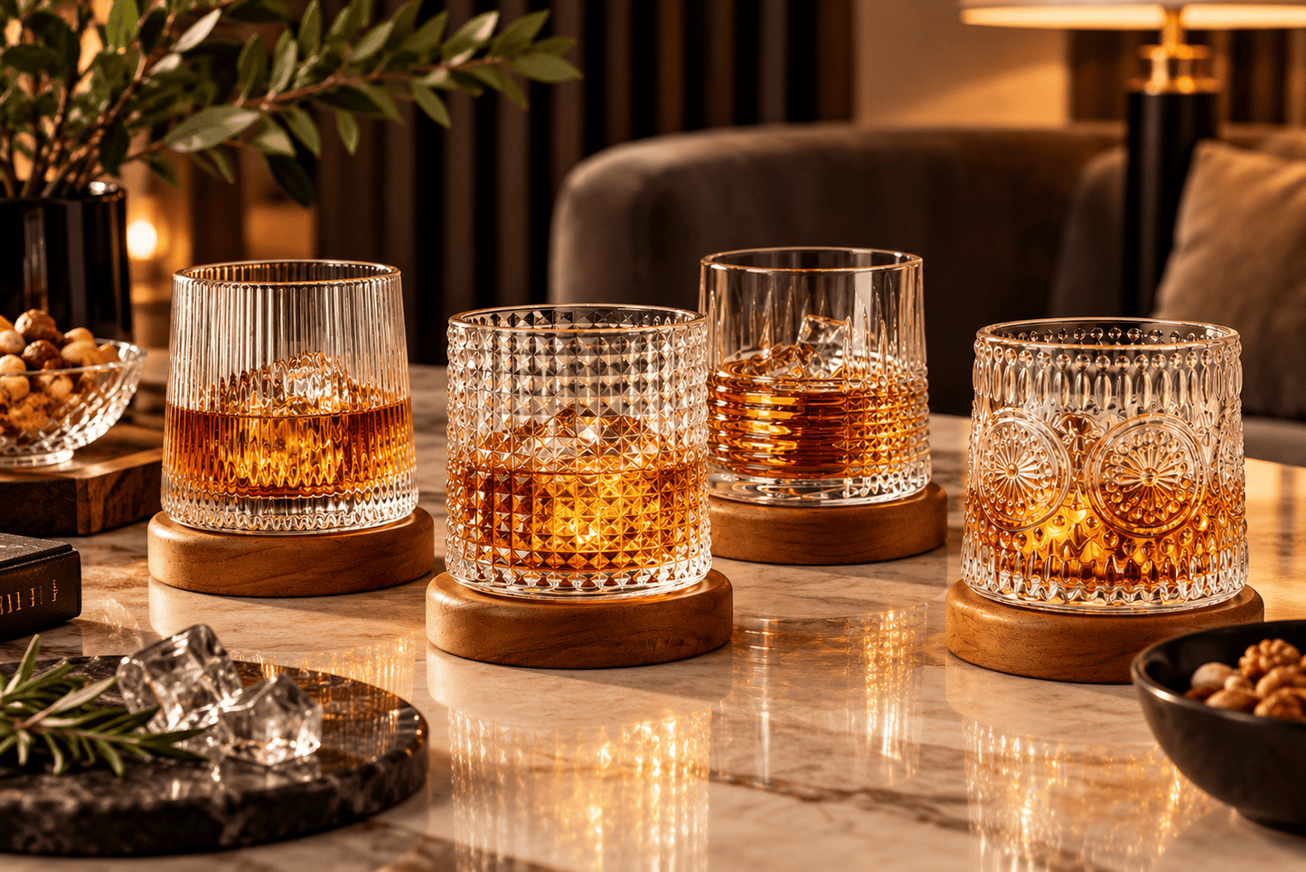4er Set Whiskygläser 170ml Holzuntersetzer Tumbler Drehend 4 Muster
