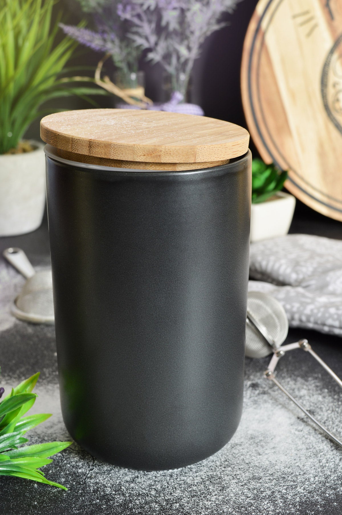 Schwarze Vorratsdose 800ml mit Holzdeckel Porzellan Vorratsbehälter Dose #5