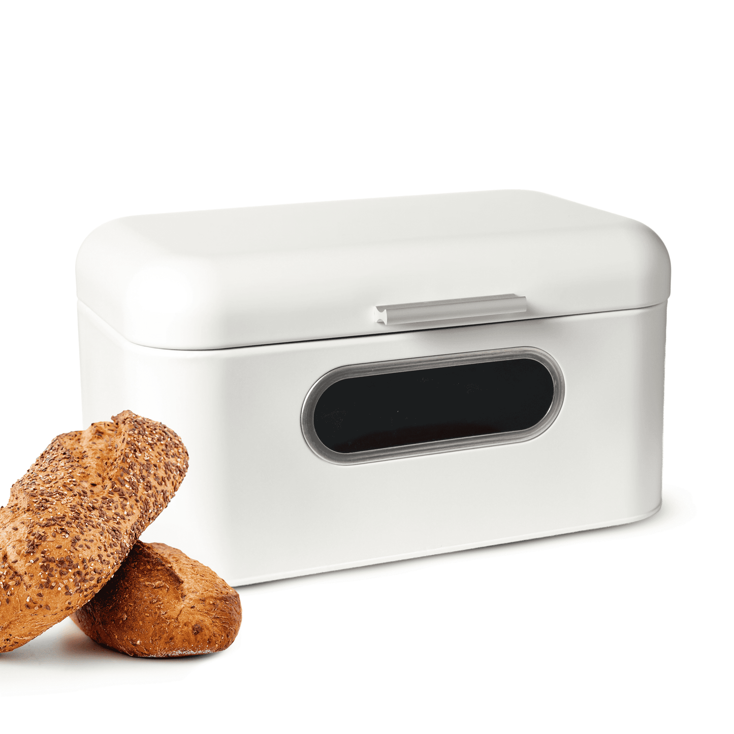 Brotkasten aus Metall mit Sichtfenster Brotkorb Aufbewahrung für Brot und Brötchen weiß mit Klappdeckel und Lüftung