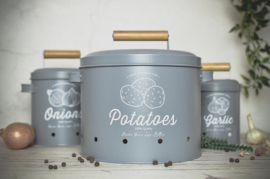 3 storage containers, potato pot, garlic pot, onion pot, storage containers, matt gray