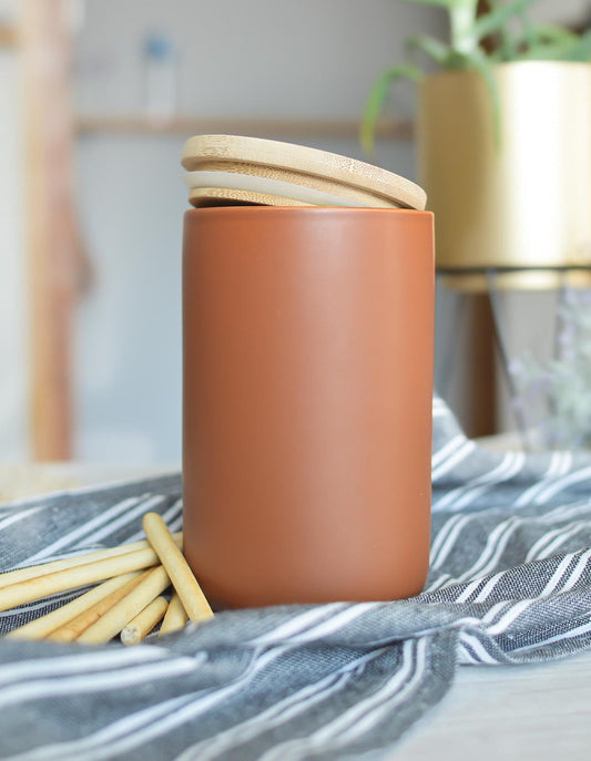 Storage jar brown made of porcelain with bamboo lid storage container jar storage jar