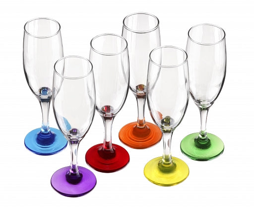 6 champagne glasses with colored base, champagne flutes, champagne glasses, prosecco glasses