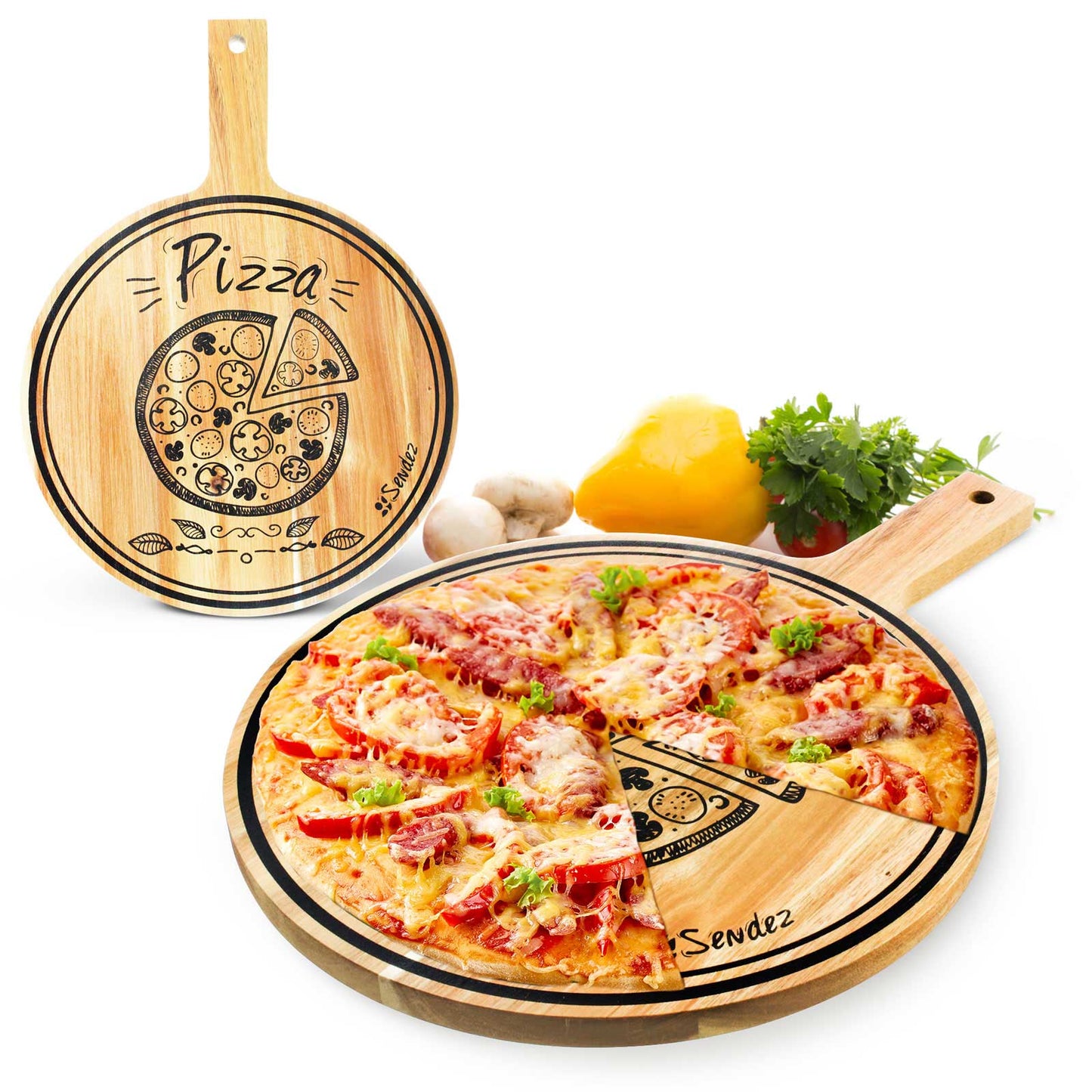 Pizzabrett mit Griff und Aufdruck ø30cm Holzbrett Vesperbrett Käsebrett Wurstplatte Pizzateller