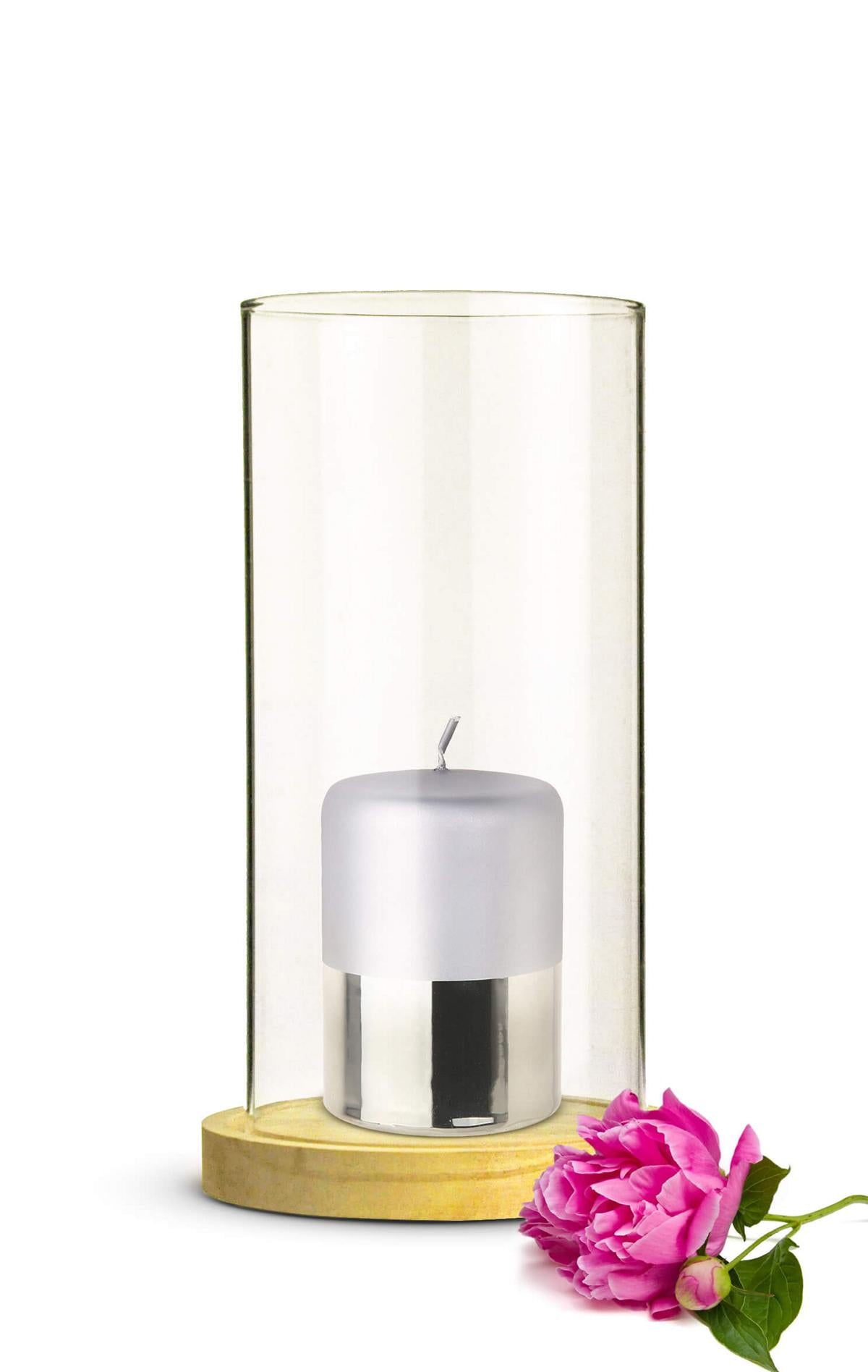 Lanterne cylindrique en verre avec plaque en bois, bougeoir, décoration de table, lanterne