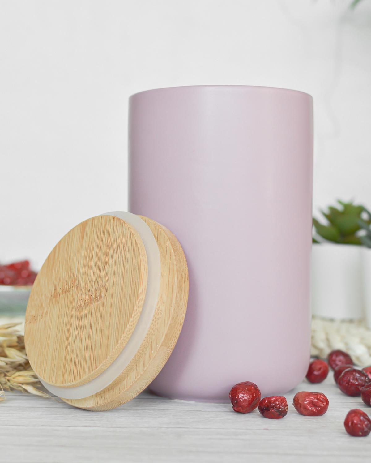 Pink porcelain storage jar with bamboo lid, storage container, storage jar, storage container