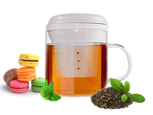 Tea glass with porcelain tea strainer, tea filter, tea maker, tea mug, tea cup