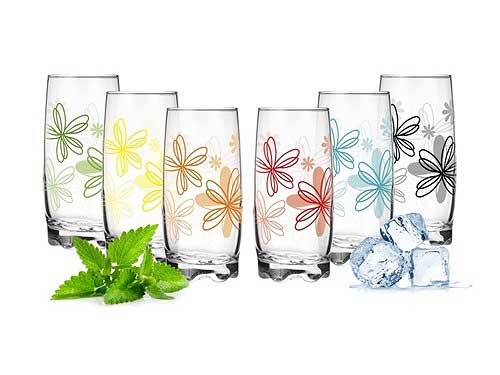 6 verres à long drink 350 ml avec imprimé floral, verres à jus, verres à eau, verres à boire