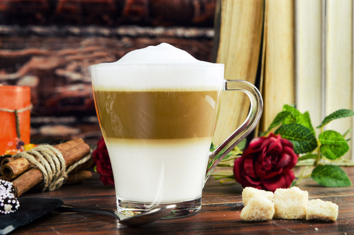 6 Cappuccino-Gläser 250ml mit Henkel und 6 Edelstahl-Löffeln, Kaffee-/ Teegläser