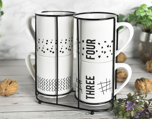 4 Kaffeebecher 300ml aus Porzellan mit Metallständer Kaffeetassen Becher Tasse Mug