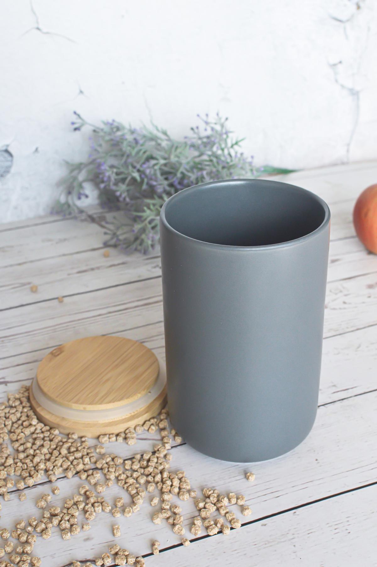 Pot de conservation gris en porcelaine avec couvercle en bambou, pot de conservation, pot de conservation