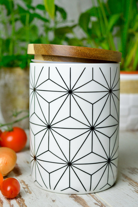 Storage jar with wooden lid and motif porcelain storage container porcelain jar