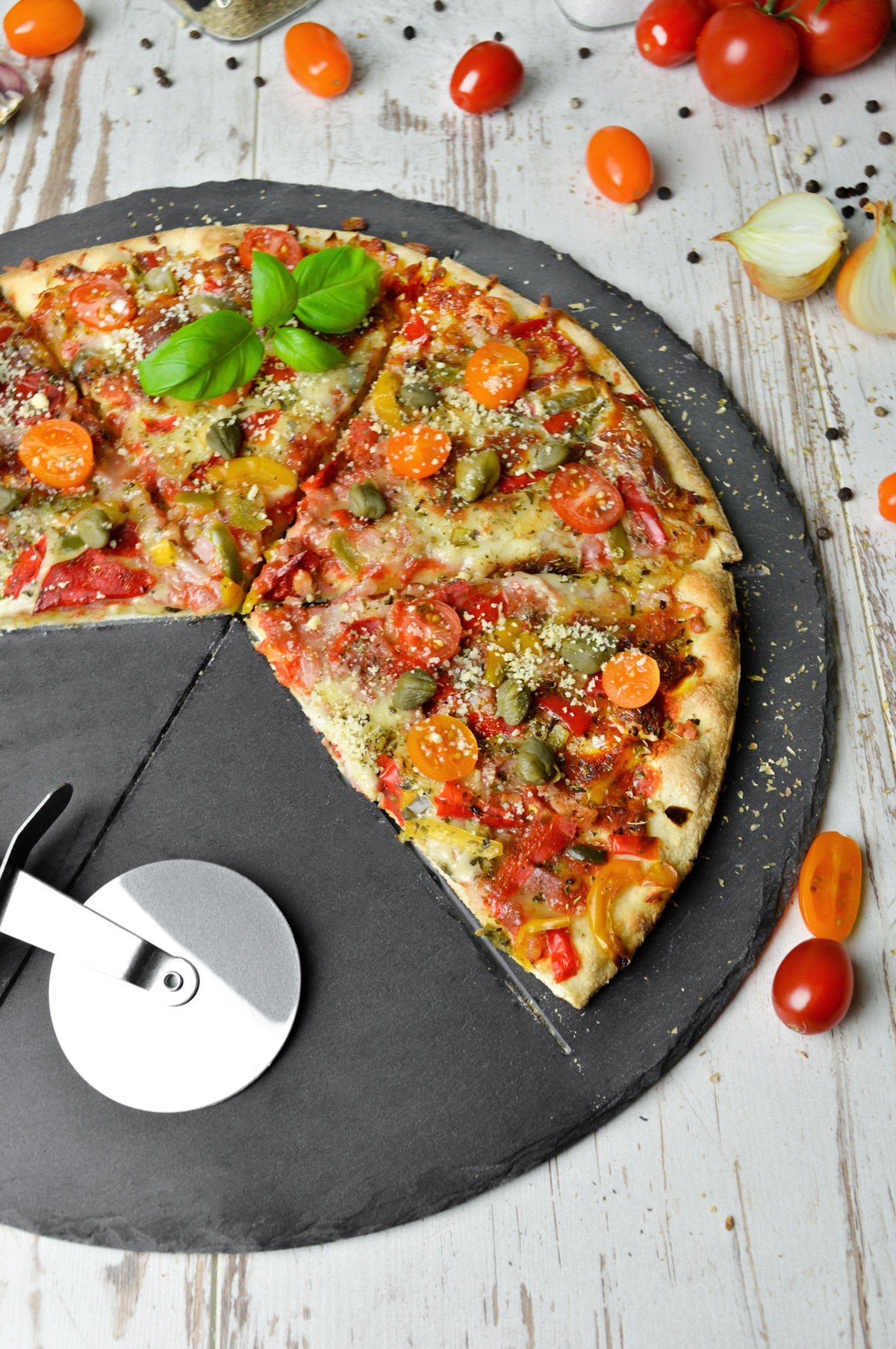 Pizzateller Set ø36cm aus Schiefer mit Pizzaschneider Pizzaschneidebrett Pizzabrett