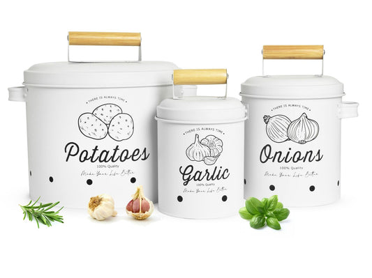 3 storage containers, potato pot, garlic pot, onion pot, storage containers, matt white