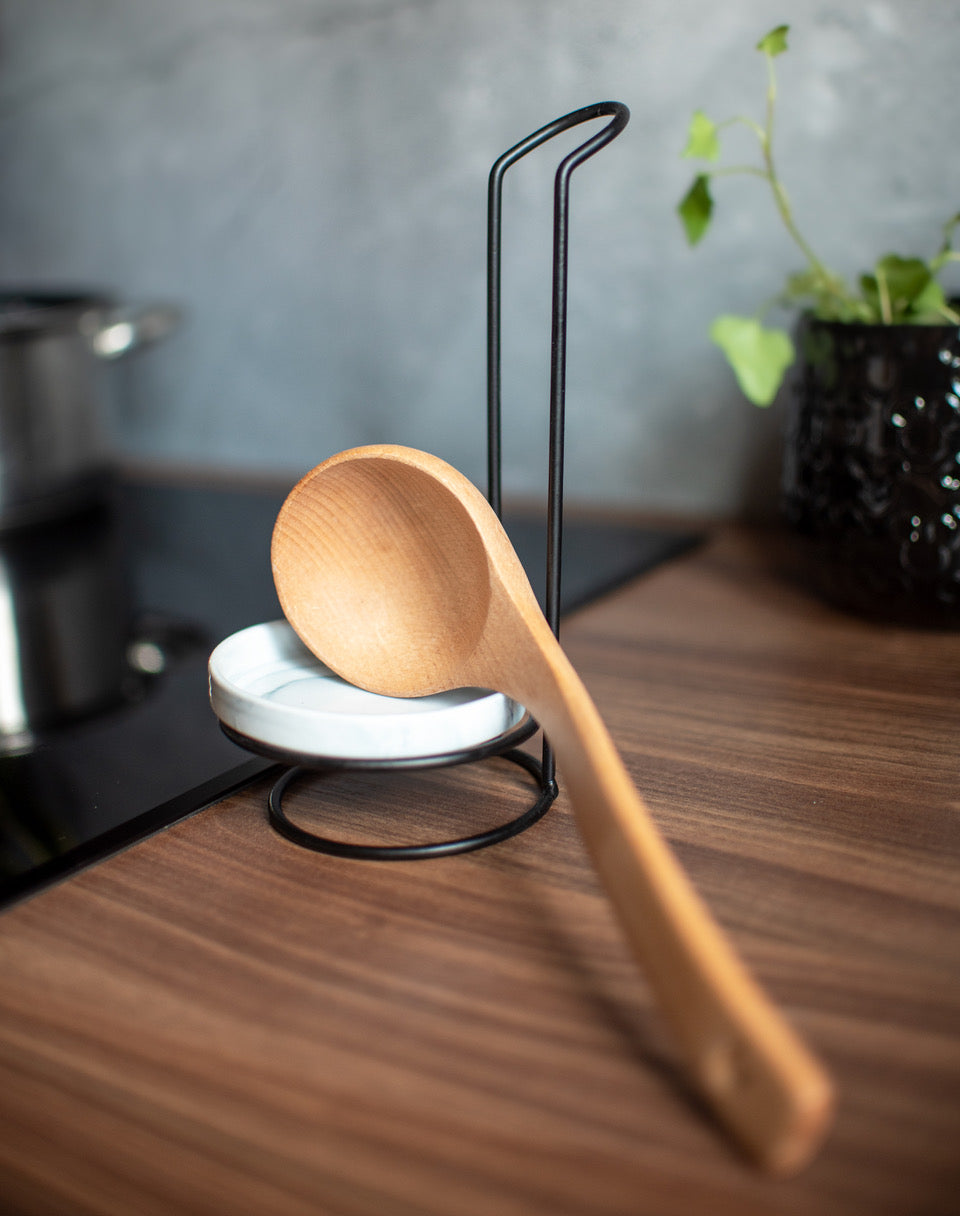 Kitchen spoon holder with porcelain bowl and wooden spoon, cooking spoon rest, cooking spoon stand