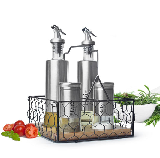 5 pcs. Cruet set with basket salt &amp; pepper shaker oil dispenser vinegar dispenser stainless steel