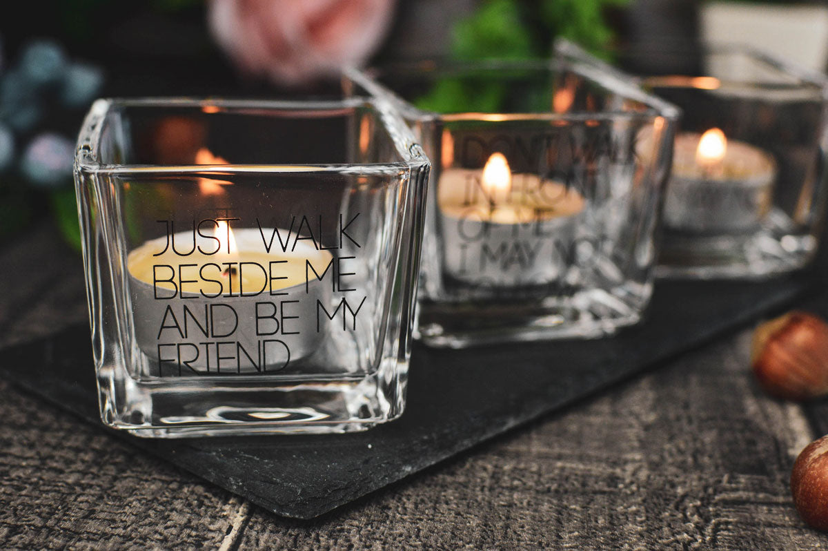 4-piece tealight holder set made of glass with print on slate plate lantern Dipsc