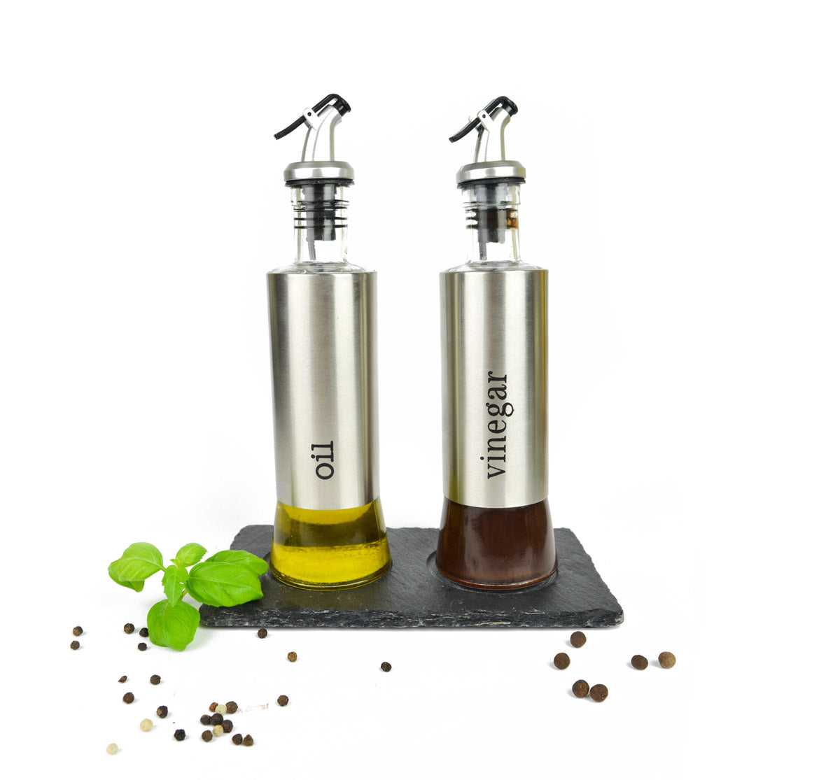 Oil and vinegar set on slate plate oil dispenser vinegar dispenser cruet oil bottle