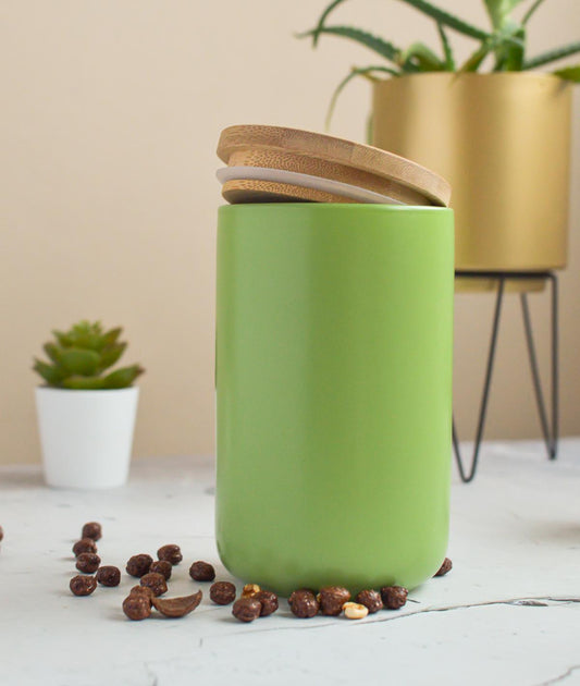 Green storage jar made of porcelain with bamboo lid, storage container, storage jar, storage container