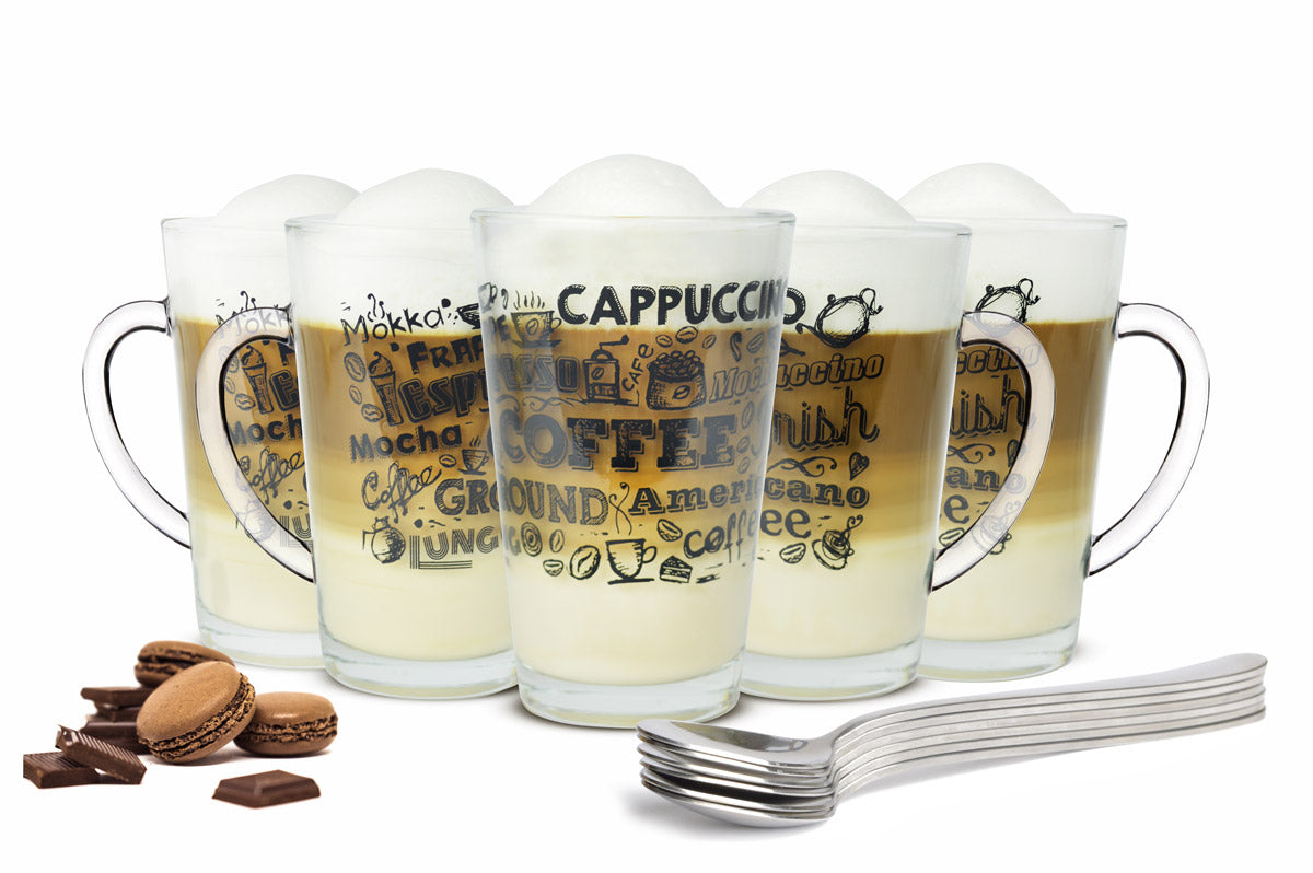 6 coffee glasses 300ml with handle tea glass latte macchiato glasses coffee print