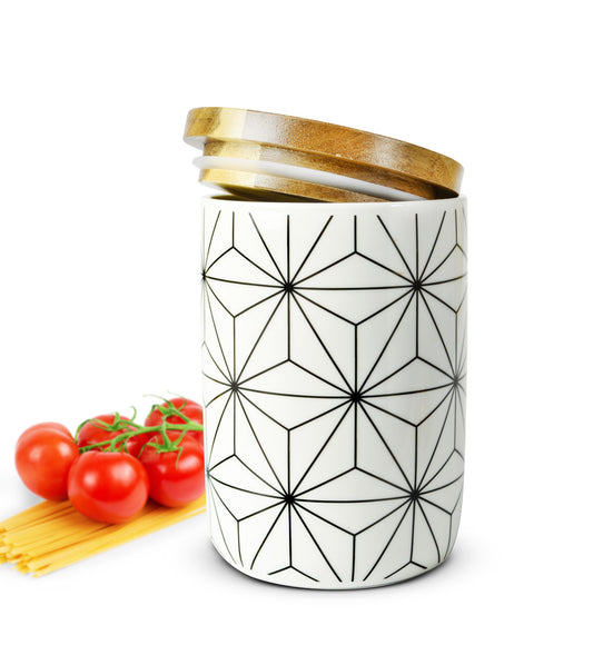 Storage jar with wooden lid and motif porcelain storage container porcelain jar