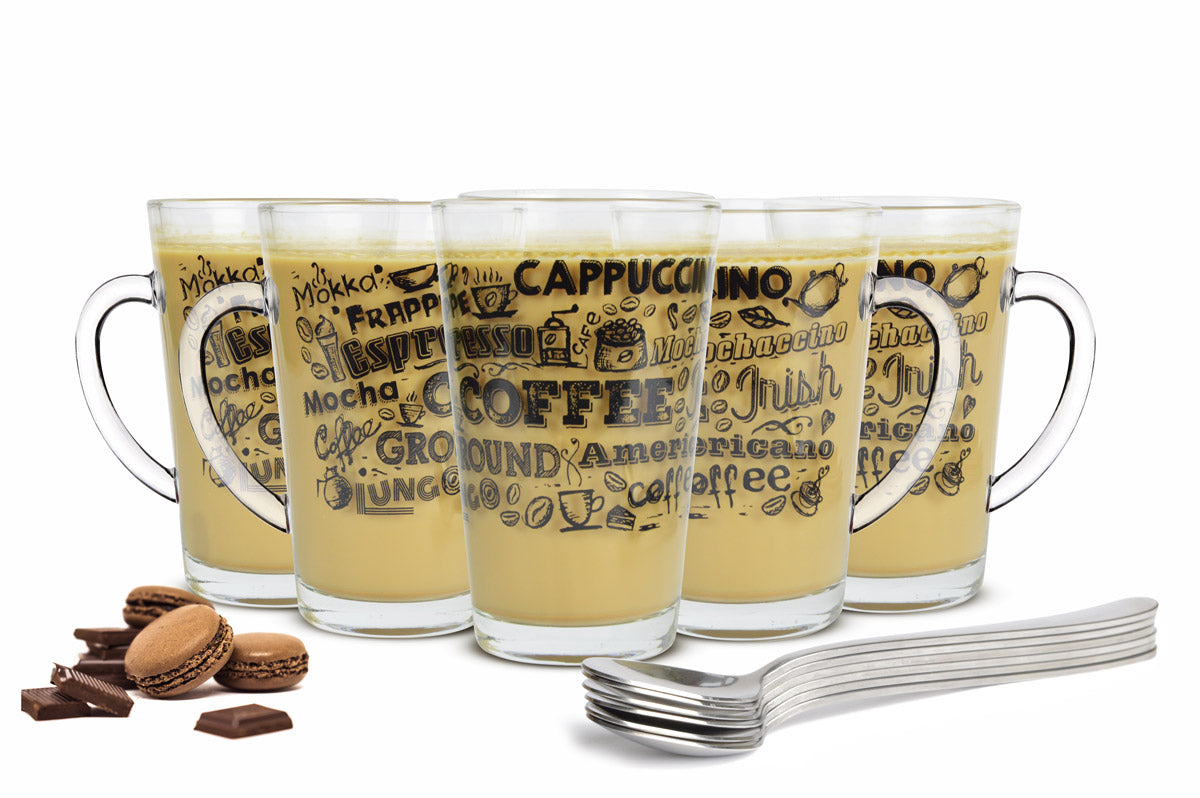 6 coffee glasses 300ml with handle tea glass latte macchiato glasses coffee print