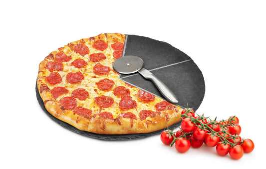 Set d'assiettes à pizza ø36cm en ardoise avec coupe-pizza, planche à découper à pizza, planche à pizza