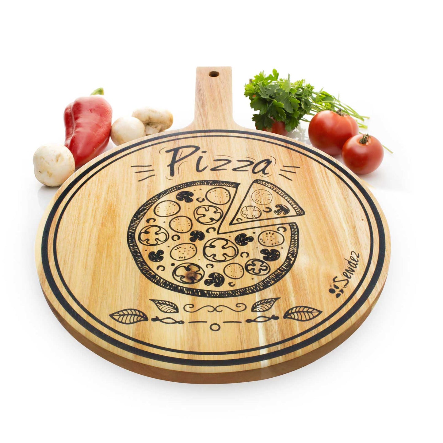Pizza board with handle and print ø30cm wooden board snack board cheese board sausage plate pizza plate