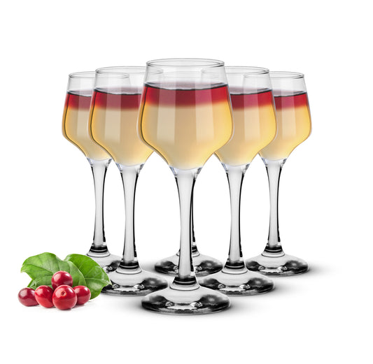 6 clear shot glasses with feet, liqueur glasses, aperitif shots, stamper, tequila glasses, fruit glass