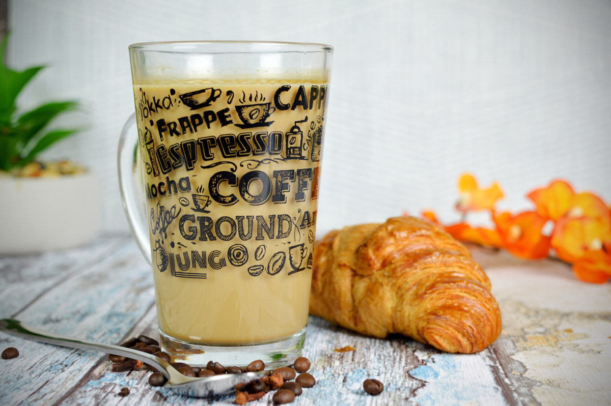 6  Latte Macchiato Gläser 300ml mit Kaffee-Aufdruck Teegläser Kaffeegläser