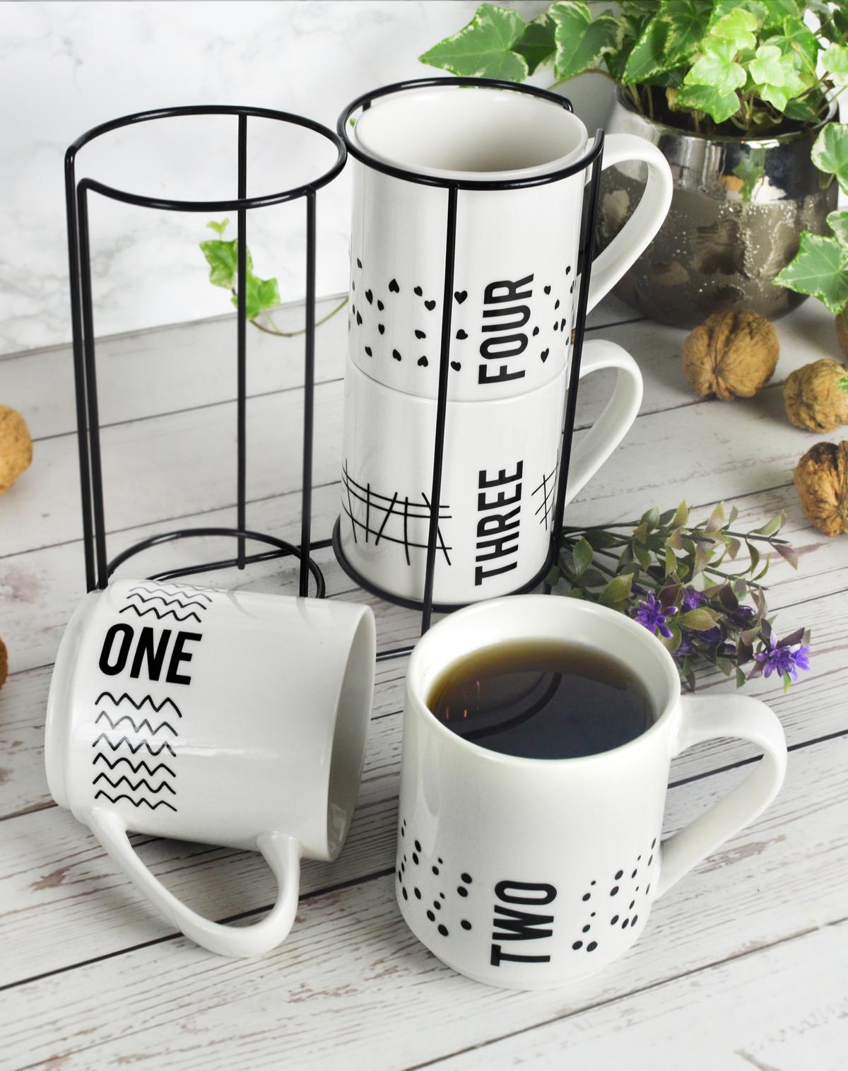 4 Kaffeebecher 300ml aus Porzellan mit Metallständer Kaffeetassen Becher Tasse Mug